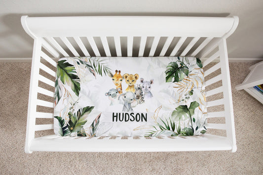 Tropical with Safari Animals Personalized Crib Sheet for Boy