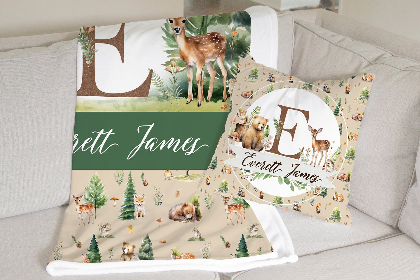 Beige Woodland Personalized Blanket For Boy