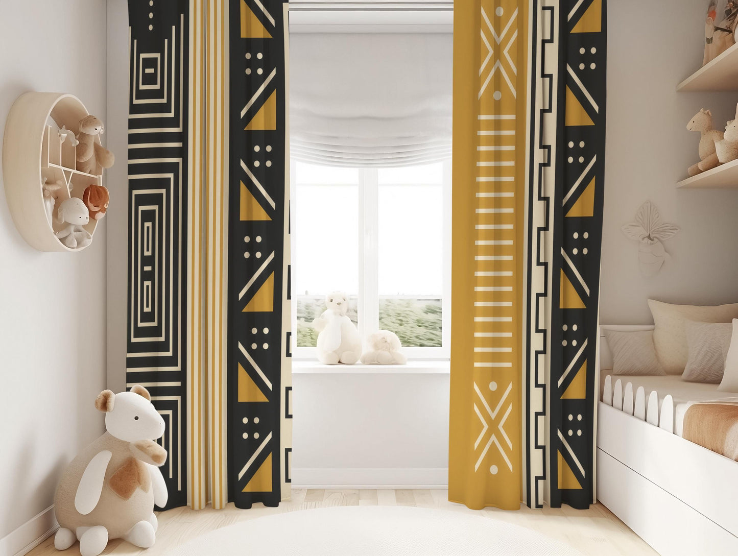 Mustard Black Geometric Blackout Curtains