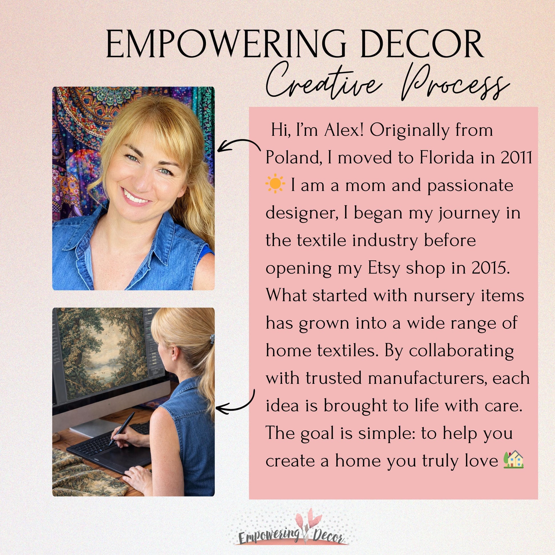 The image is a collage featuring two photos of a woman, one of her working on a computer and the other of her working on a textile project. The text provides information about the woman's background and her creative process, highlighting her passion for textile design and her journey as a mother and designer.