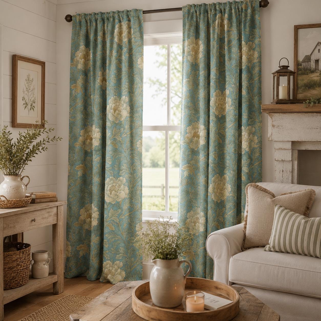 Blue Floral Curtains, Vintage Farmhouse Blackout Curtains