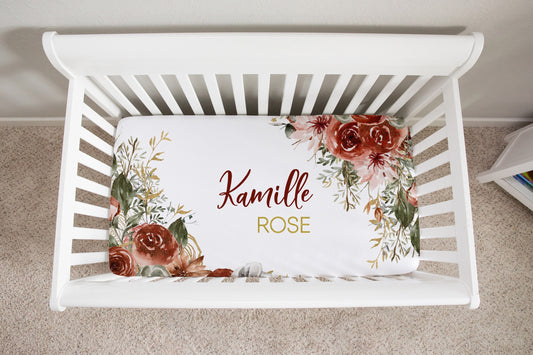 Brown Flowers Personalized Crib Sheet for Girl
