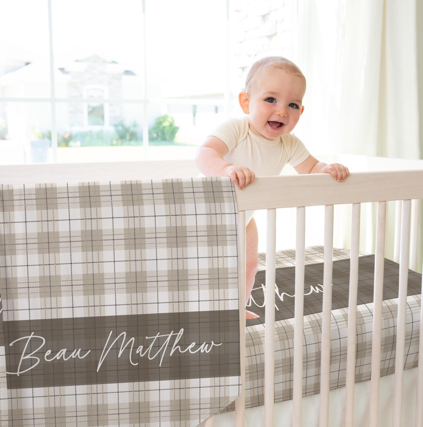 Neutral Plaid Personalized Blanket for Boy