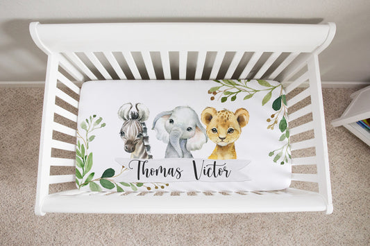 Greenery with Safari Babies Personalized Crib Sheet for Girl