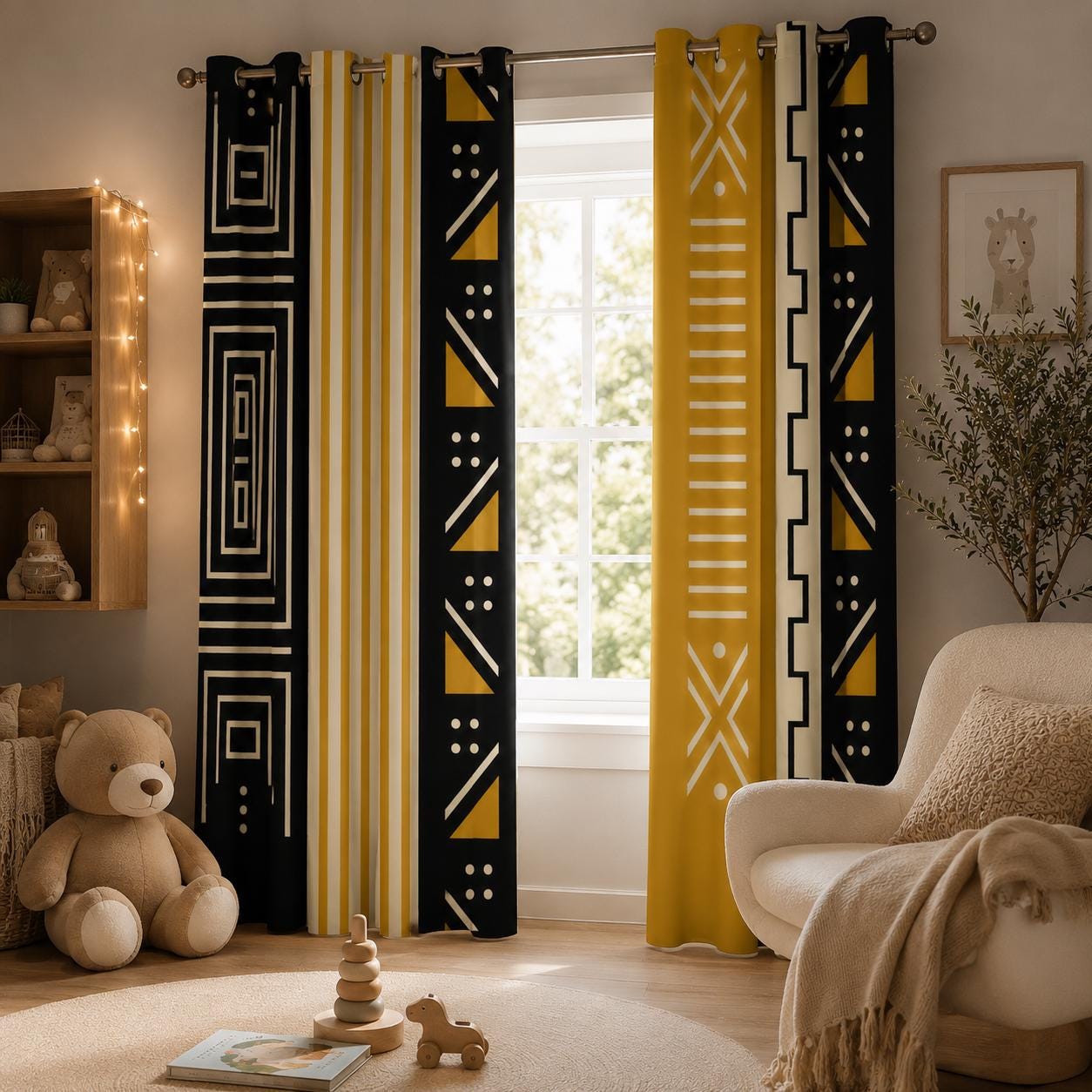 Mustard Black Geometric Blackout Curtains