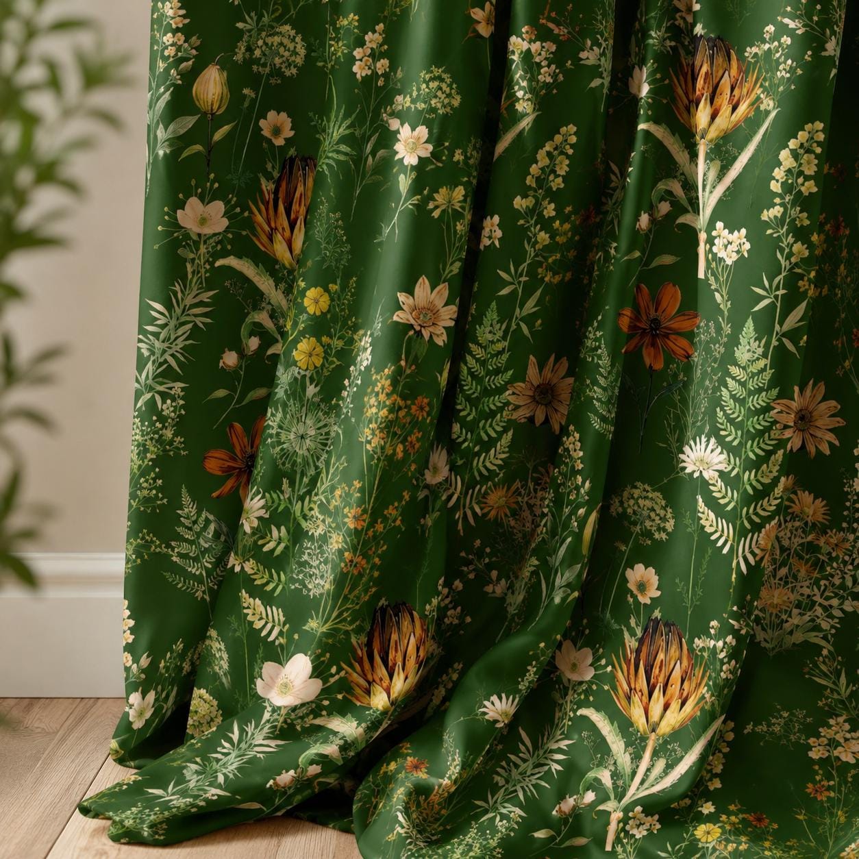 Dark Green Botanical Blackout Curtains