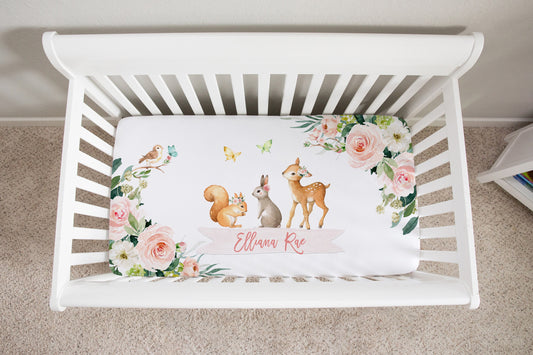 Blush Florals with Deer Personalized Crib Sheet for Girl