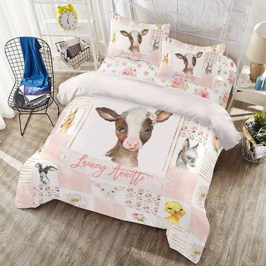 Blush Florals with Farm Animals Personalized Duvet Cover Set for Girl