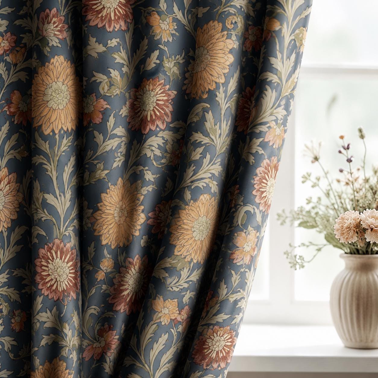 Blue Floral Curtains, Vintage Botanical Blackout Curtains