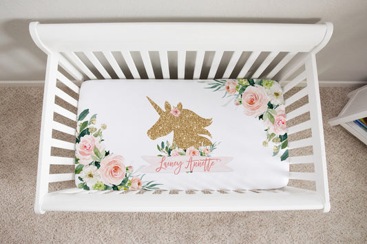 Blush Florals with Unicorn Personalized Crib Sheet for Girl