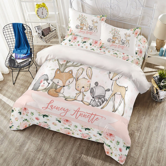Blush Florals with Woodland Animals Personalized Duvet Cover Set for Girl
