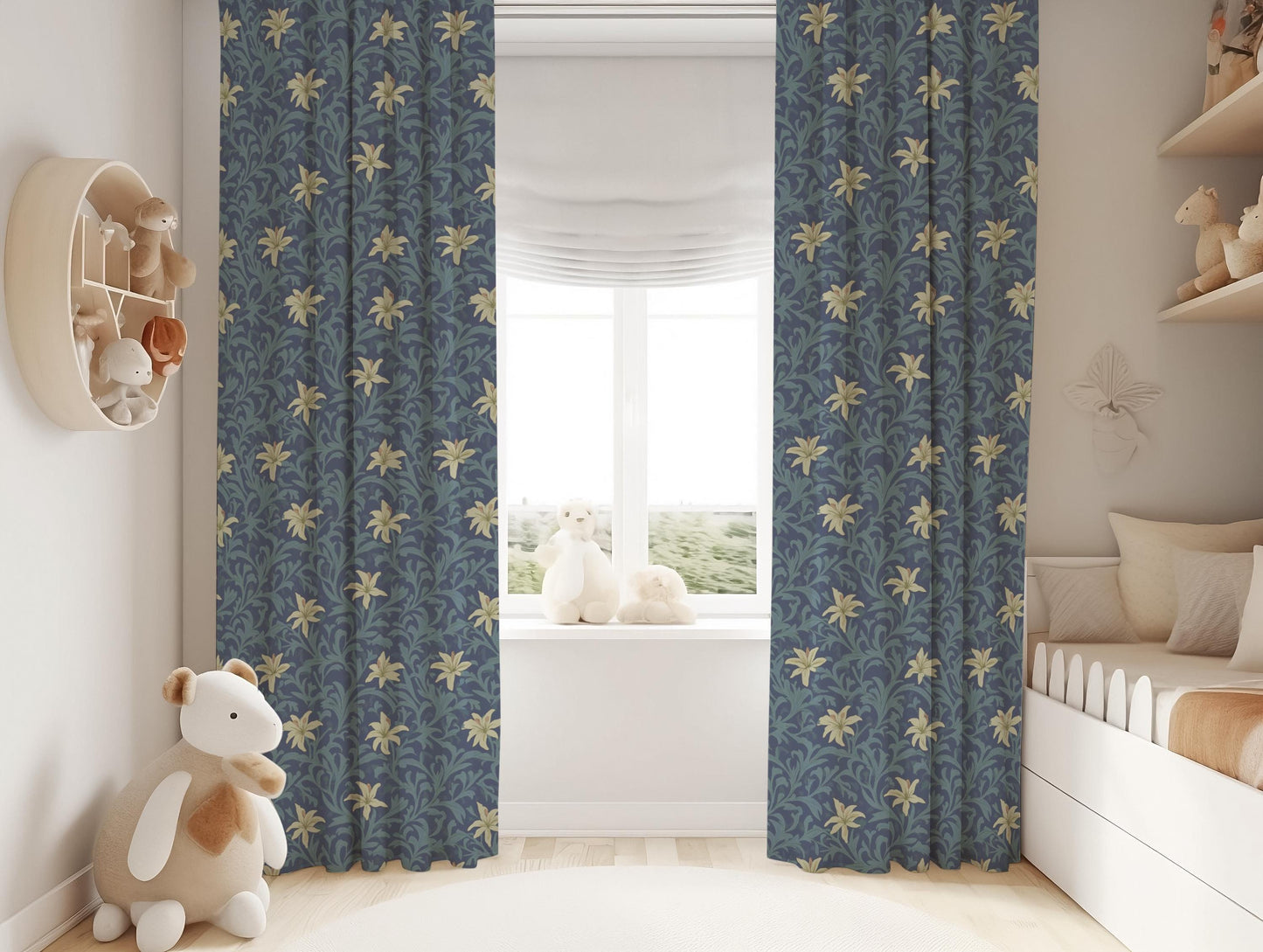 Navy Blue Floral Curtains, Vintage William Morris Style Blackout Curtains