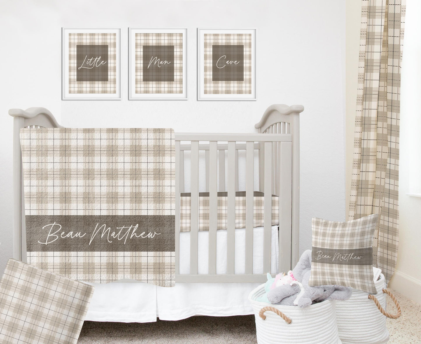 Neutral Plaid Personalized Blanket for Boy