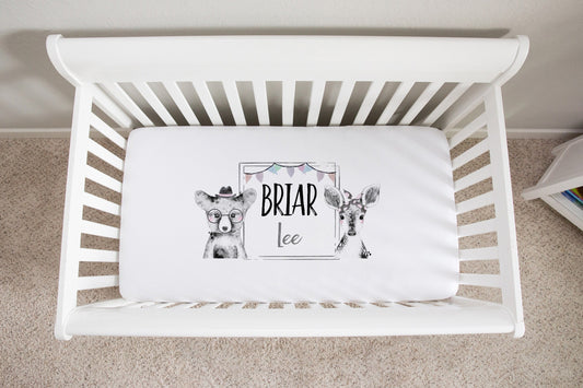 Black and White Woodland Personalized Crib Sheet for Boy