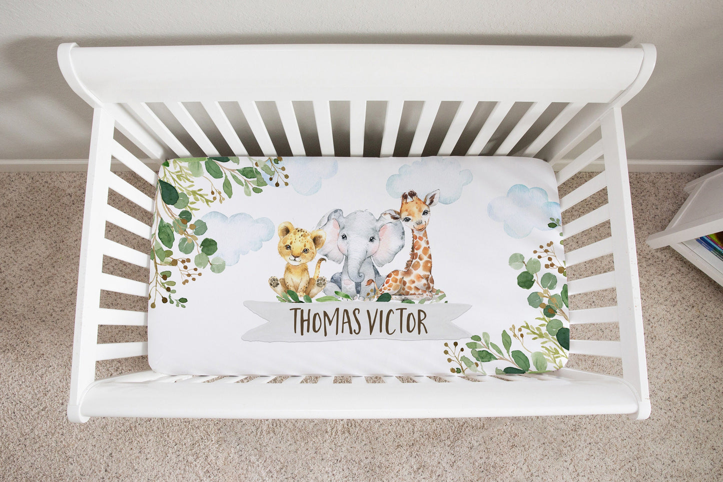Greenery with Safari Animals Personalized Crib Sheet for Boy
