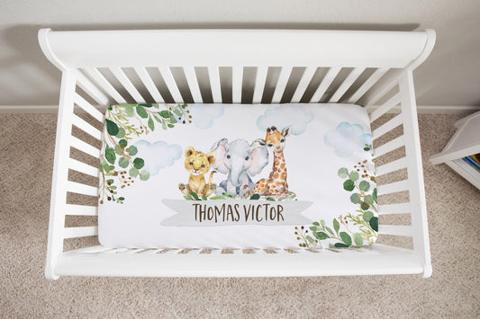 Greenery with Safari Animals Personalized Crib Sheet for Boy