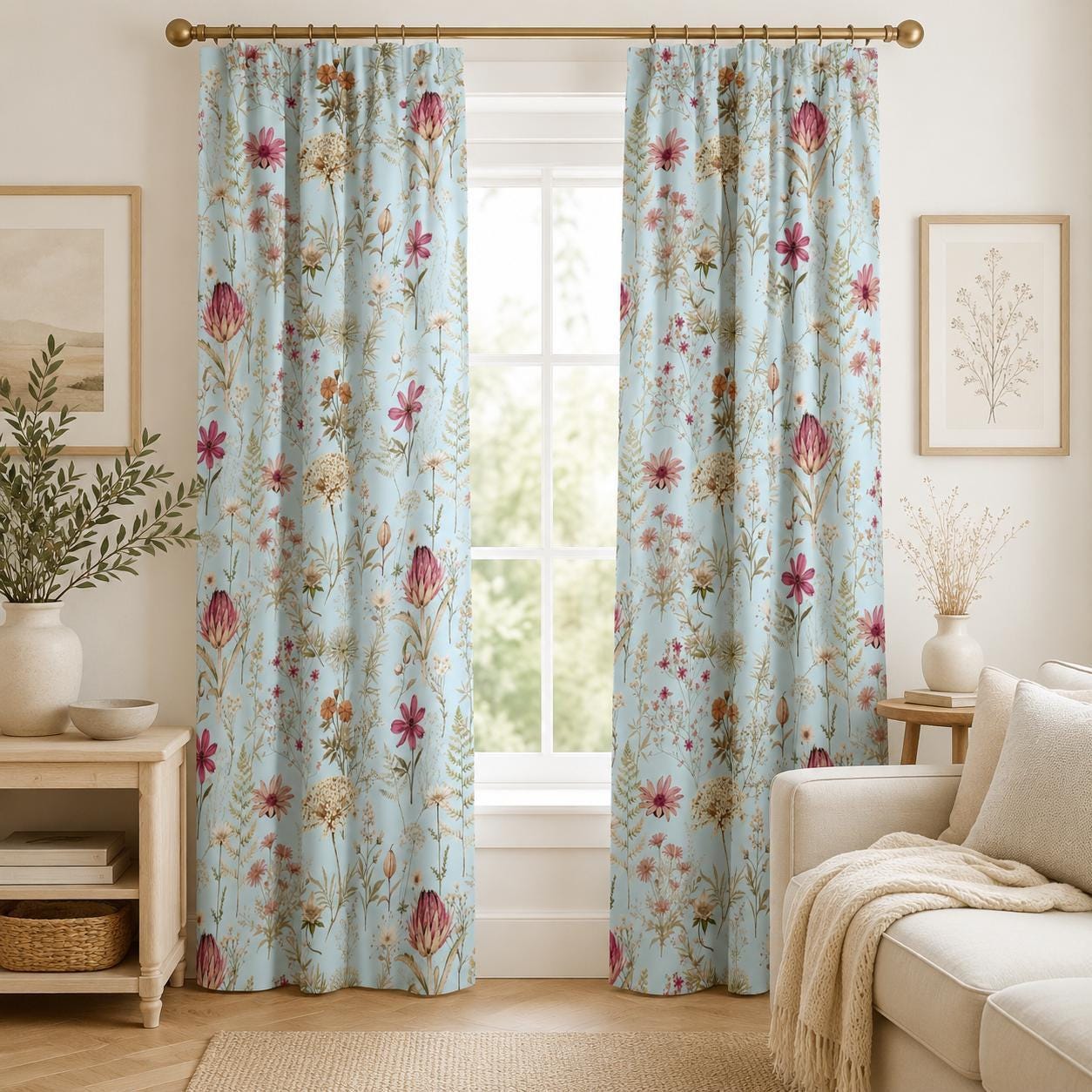 Boho Floral Curtains Blue Wildflower Blackout Curtains