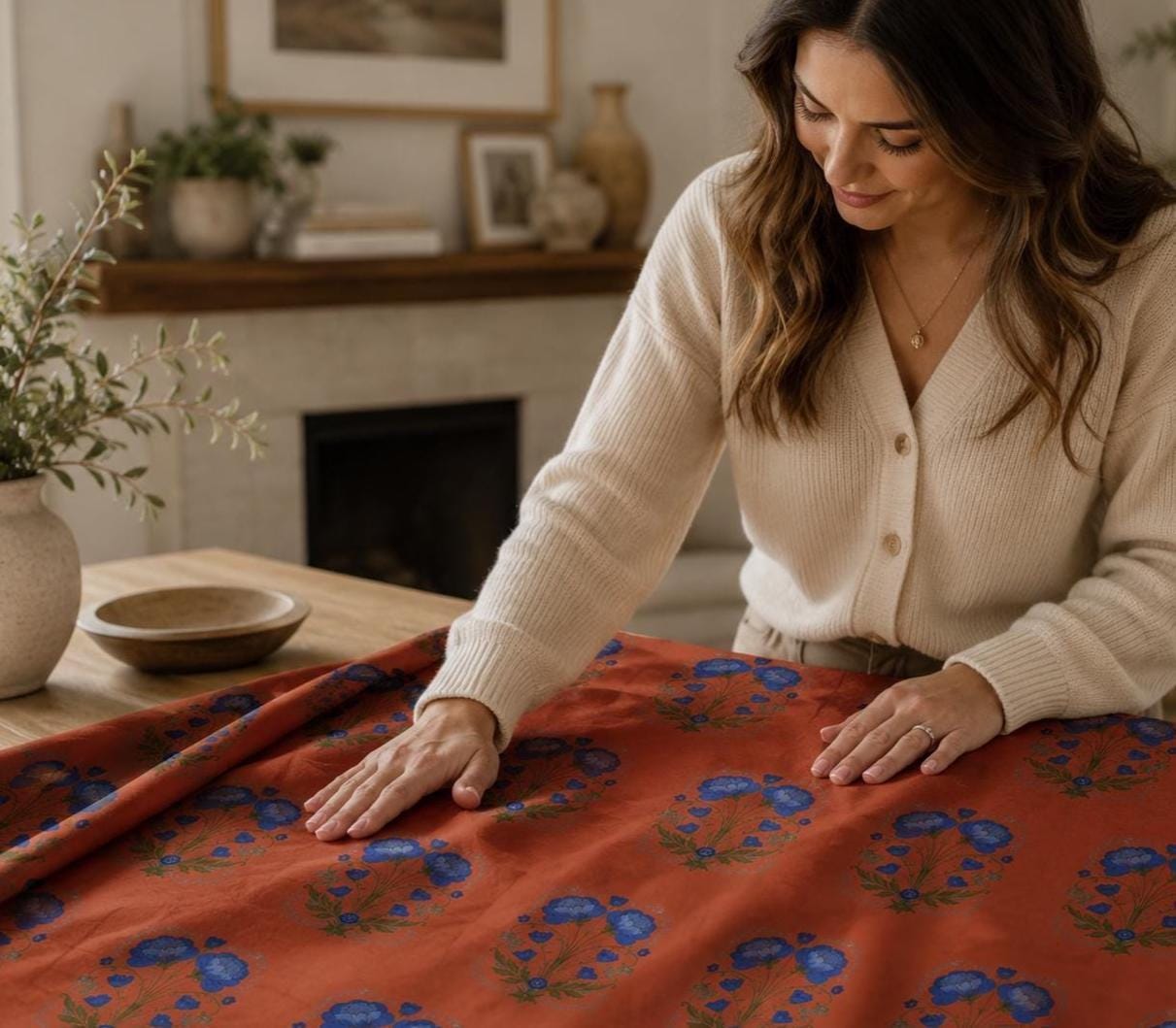 Burnt Orange Blue Floral Blackout Curtains