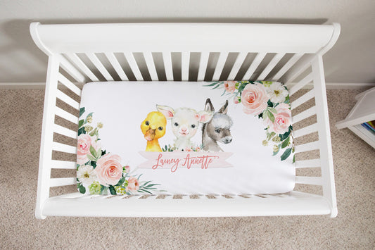 Blush Florals with Farm Animals Personalized Crib Sheet for Girl