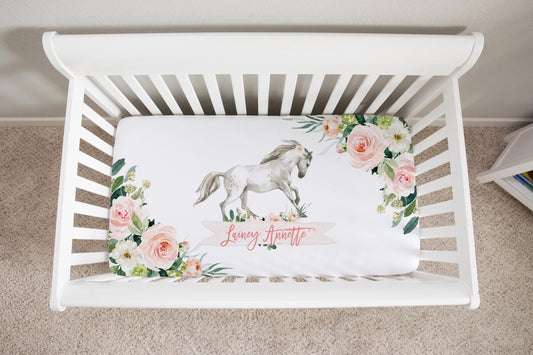 Blush Florals with Horses Personalized Crib Sheet for Girl
