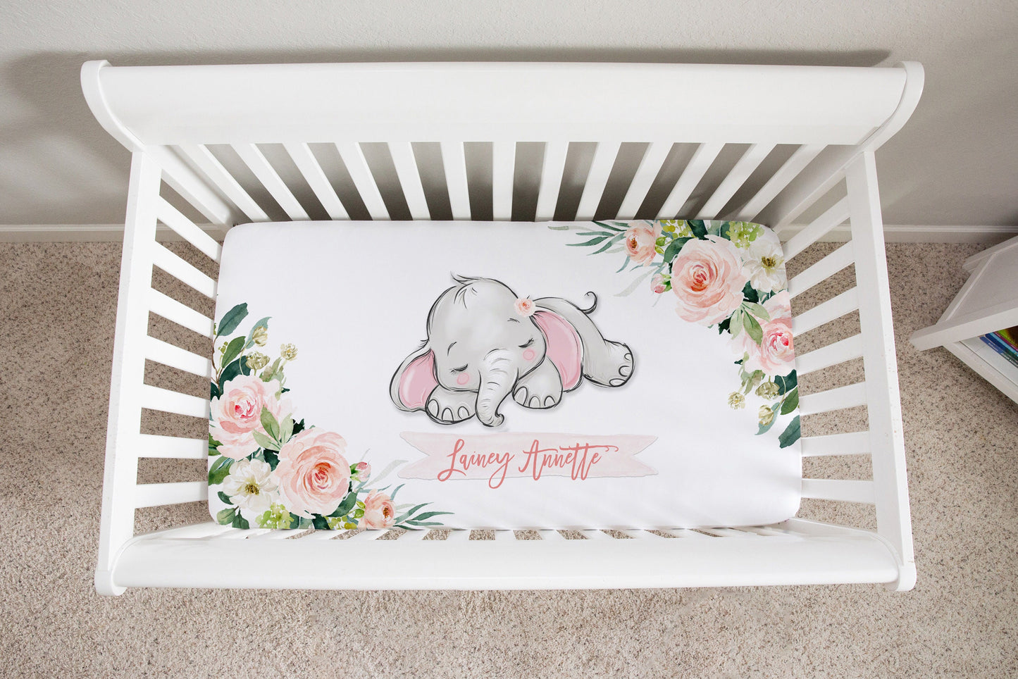 Blush Florals with Happy Elephant Personalized Crib Sheet for Girl