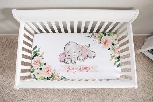 Blush Florals with Happy Elephant Personalized Crib Sheet for Girl