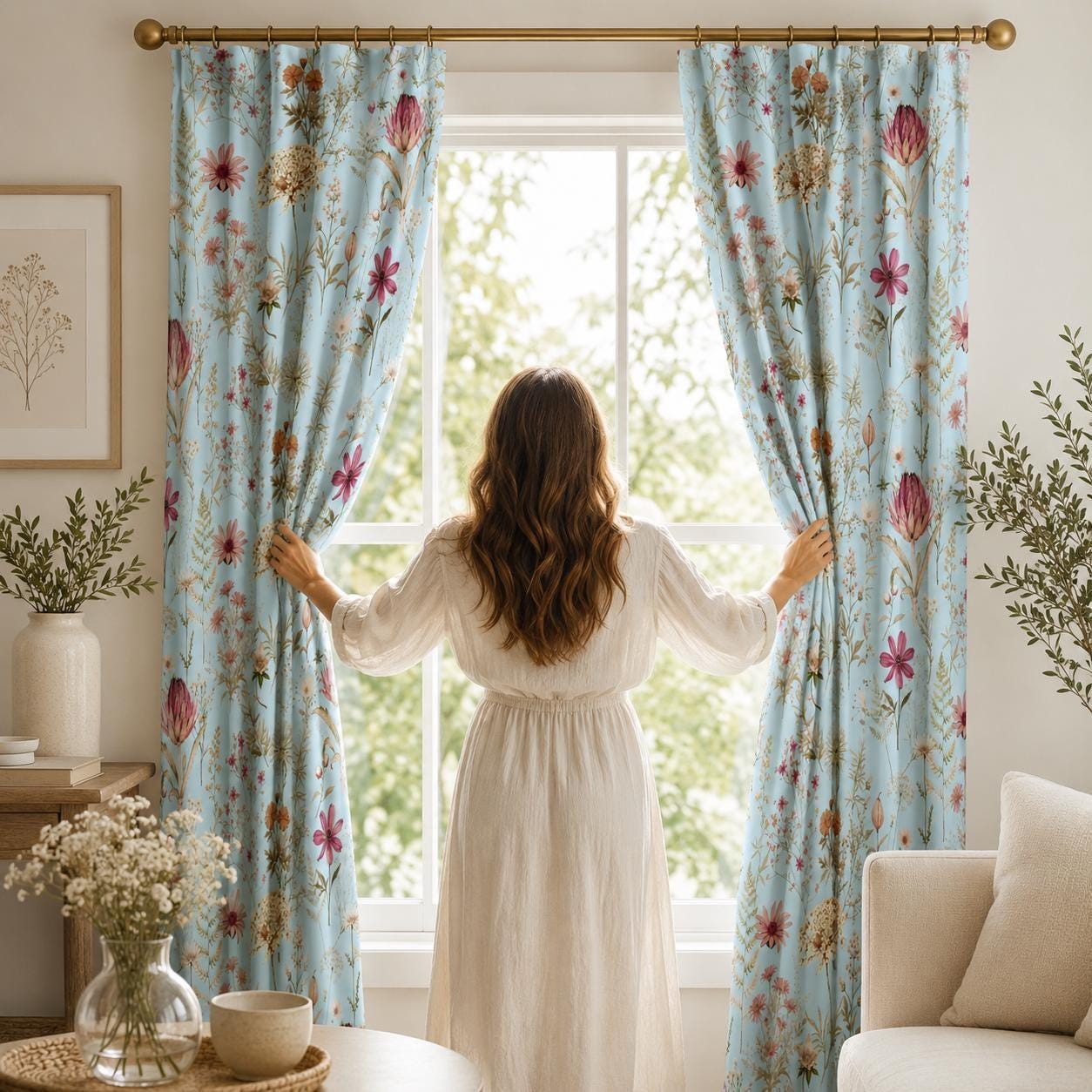 Boho Floral Curtains Blue Wildflower Blackout Curtains