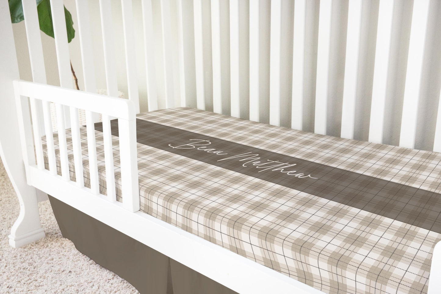 Neutral Plaid Personalized Crib Sheet for Boy