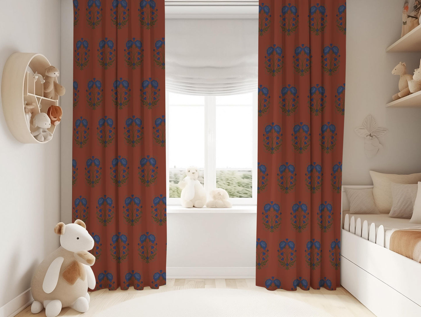 Burnt Orange Blue Floral Blackout Curtains