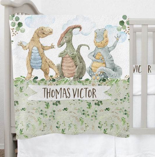 Greenery with Dinosaurus Personalized Blanket For Boy