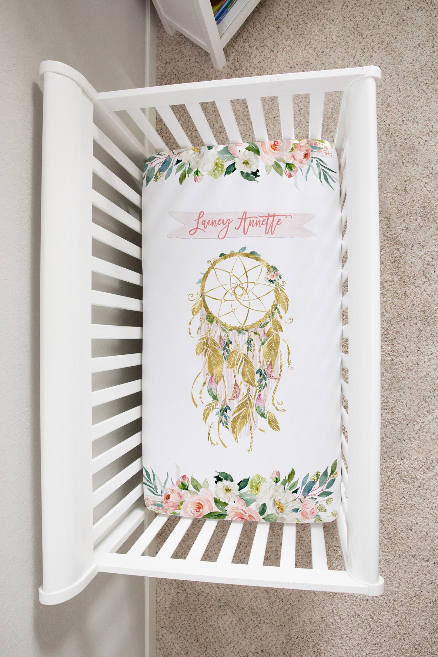 Blush Florals with Dreamcatcher Personalized Crib Sheet for Girl