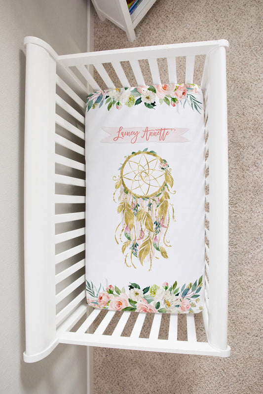 Blush Florals with Dreamcatcher Personalized Crib Sheet for Girl