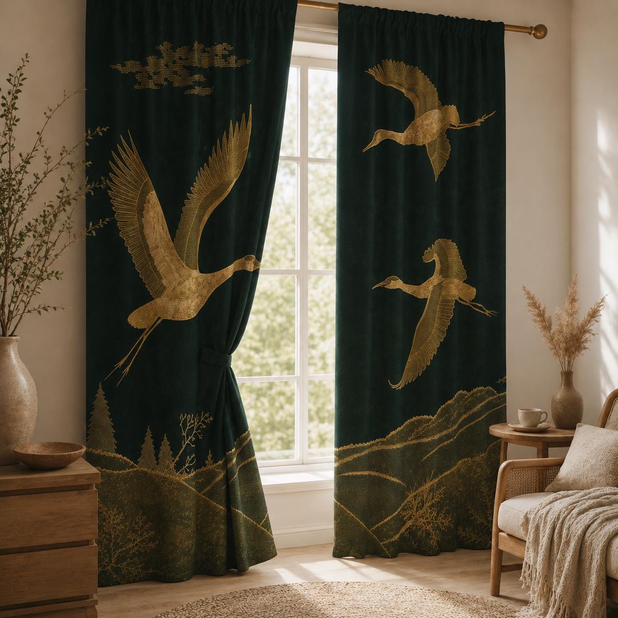Japanese Crane, Dark Green Blackout Curtains