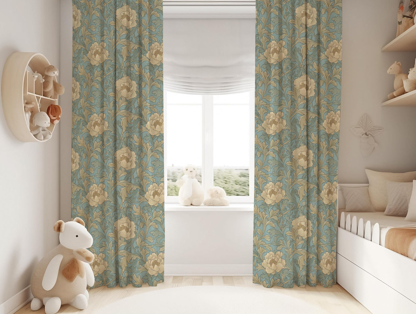 Blue Floral Curtains, Vintage Farmhouse Blackout Curtains