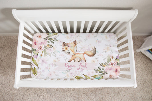 Grey Flowers with Bear Personalized Crib Sheet for Girl