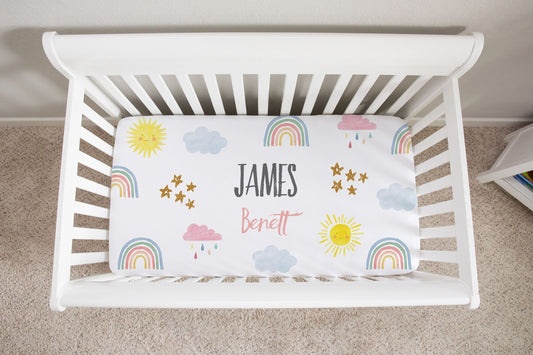 Rainbows and Suns Personalized Crib Sheet for Girl