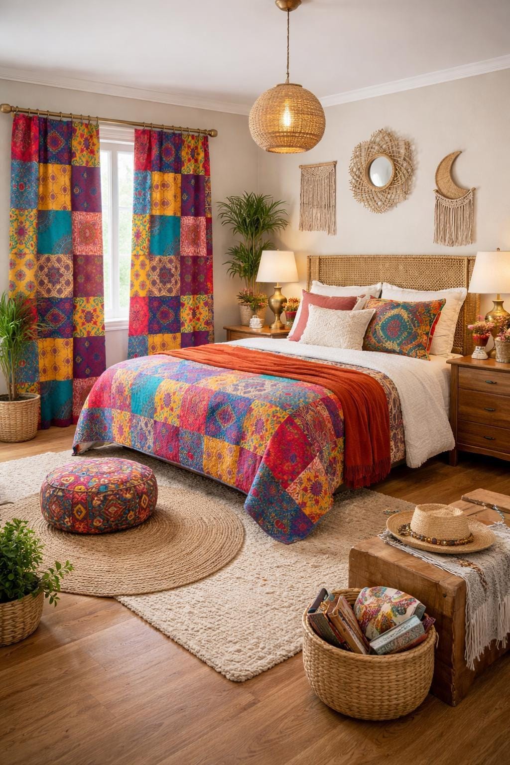 Boho Patchwork, Colorful Mandala Blackout Curtains