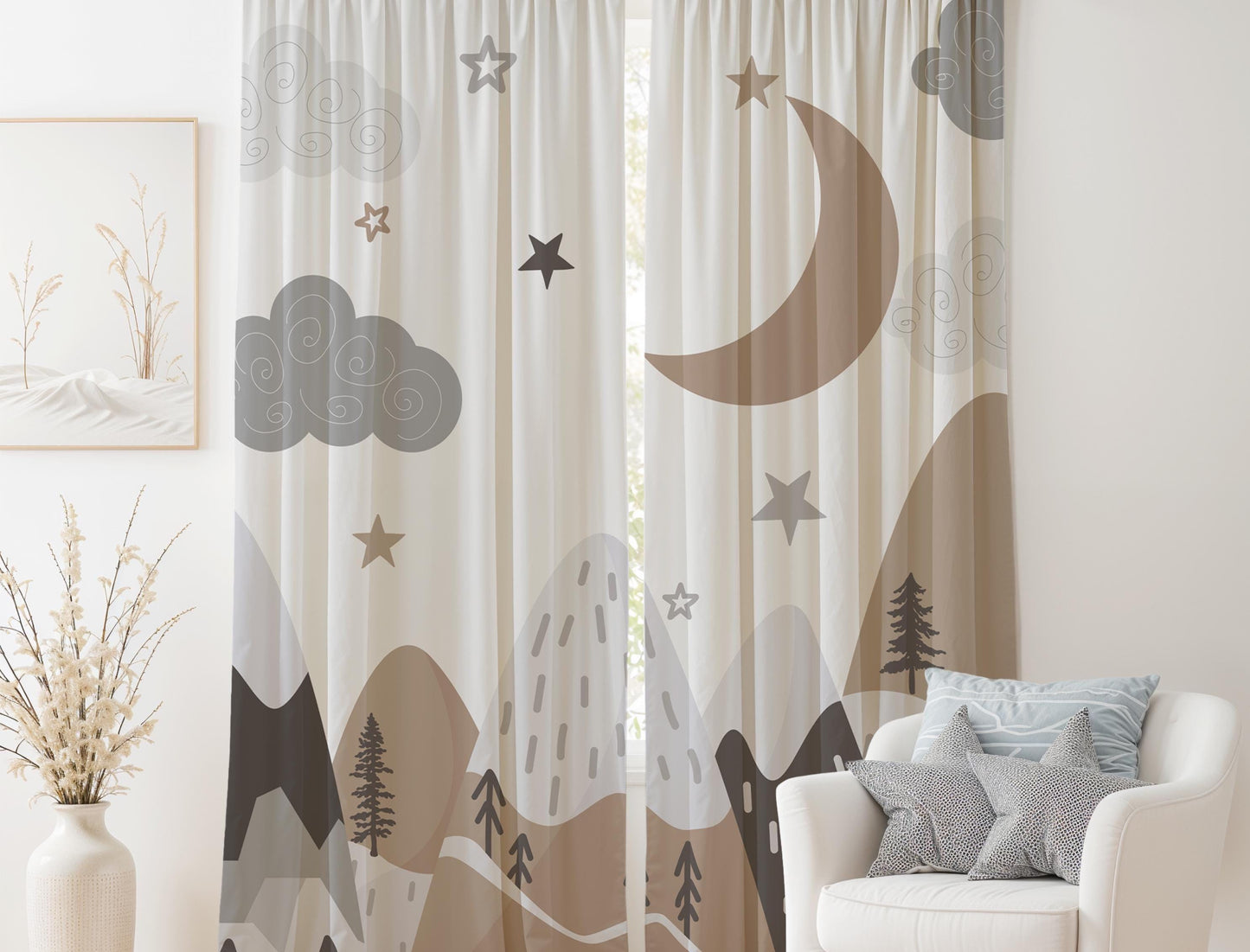 Boho Beige Mountain Curtains with Moon Blackout Curtains