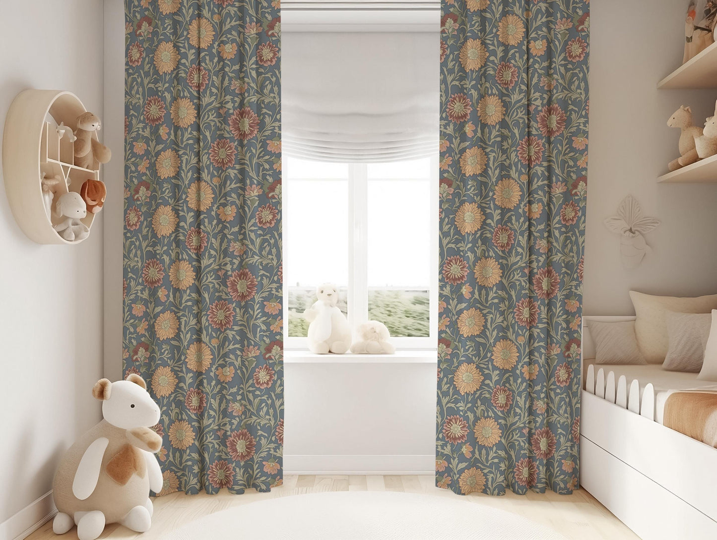 Blue Floral Curtains, Vintage Botanical Blackout Curtains