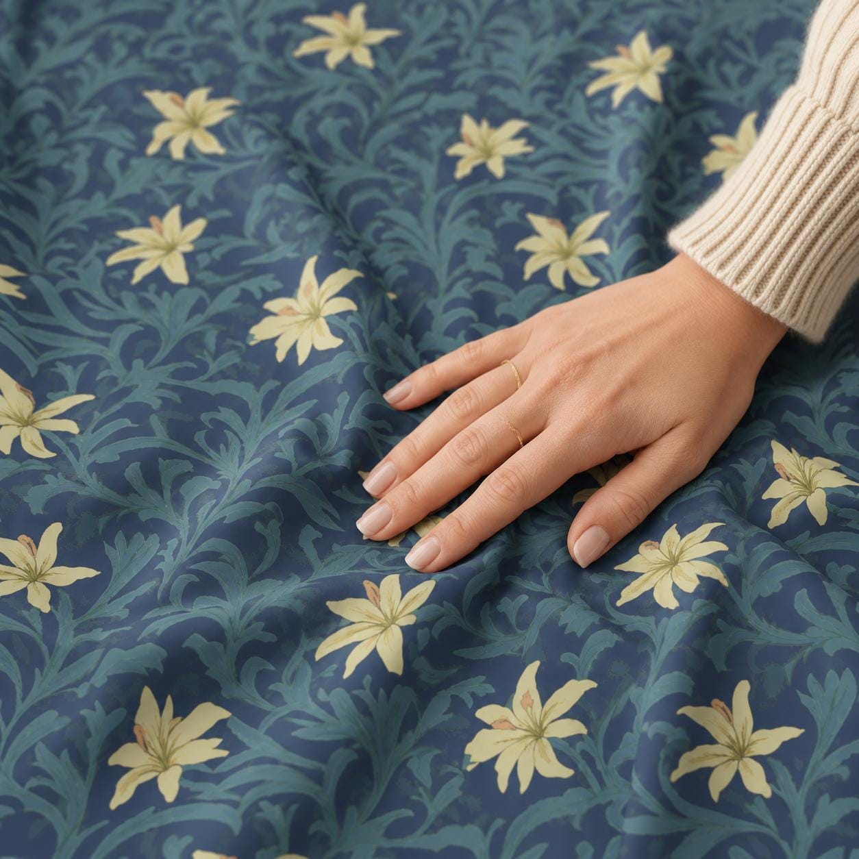 Navy Blue Floral Curtains, Vintage William Morris Style Blackout Curtains