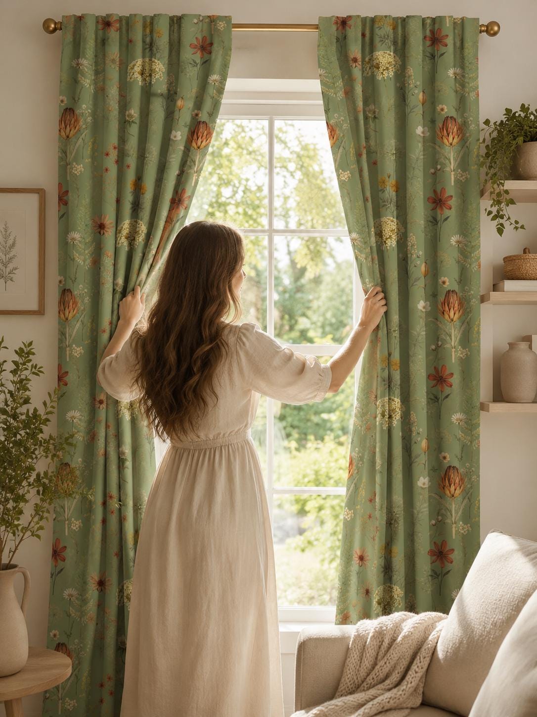 Sage Green Floral Curtains, Botanical Blackout Curtains