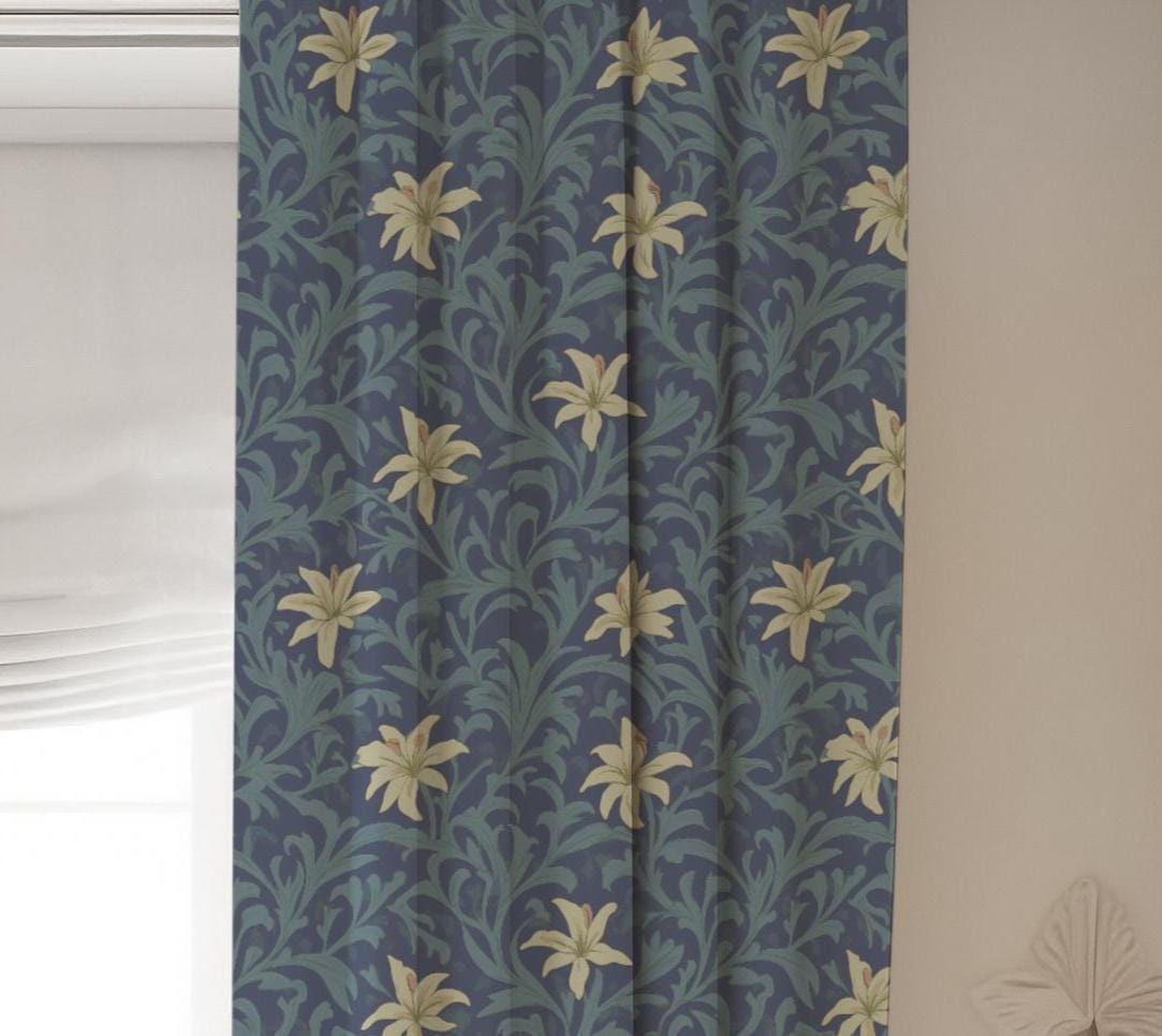 Navy Blue Floral Curtains, Vintage William Morris Style Blackout Curtains