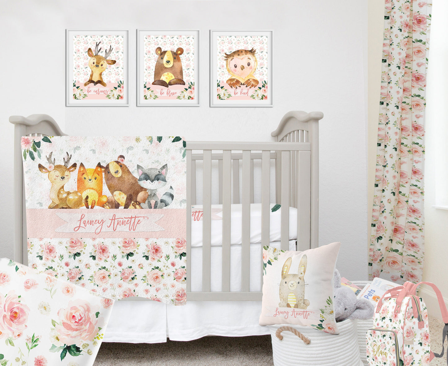 Blush Florals with Woodland Animals Personalized Crib Sheet for Girl