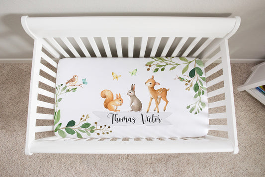 Greenery with Woodland Animals Personalized Crib Sheet for Boy