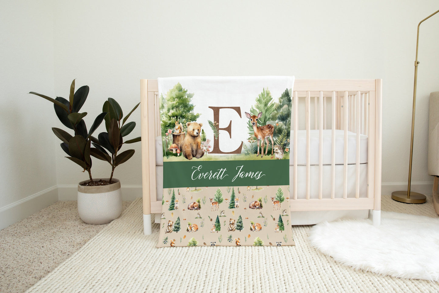 Beige Woodland Personalized Blanket For Boy