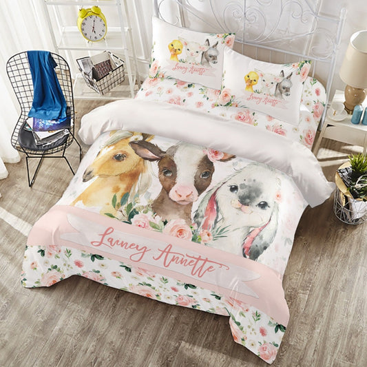 Blush Florals with Farm Animals Personalized Duvet Cover Set for Girl