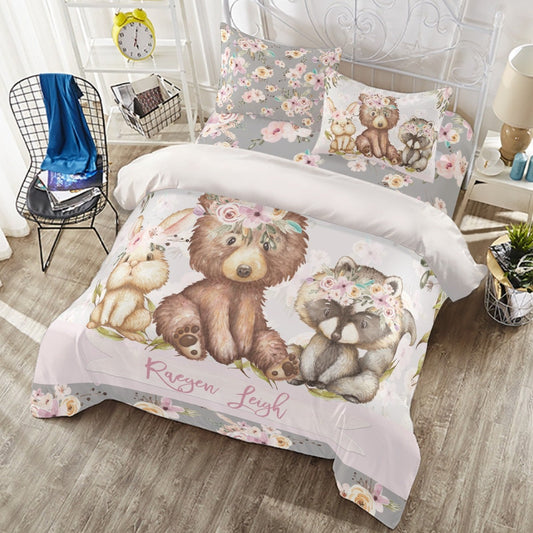 Grey Flowers with Bear Personalized Duvet Cover Set for Girl or Boy