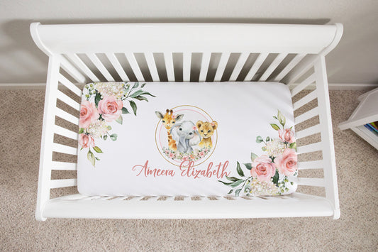 Roses Garden with Safari Animals Personalized Crib Sheet for Girl