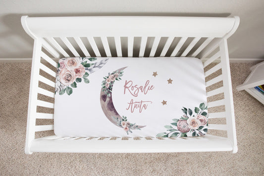 Modern Boho with Moon Personalized Crib Sheet for Girl