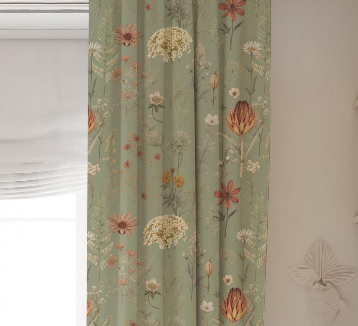 Sage Green Floral Curtains, Botanical Blackout Curtains